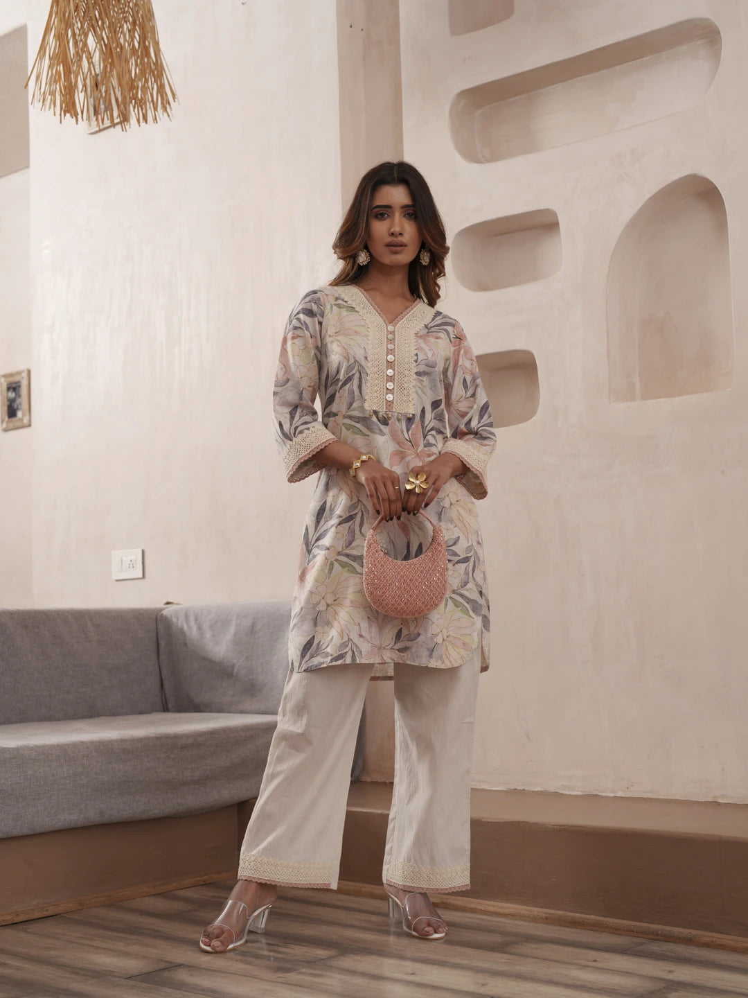 Off-White Pure Cotton Floral Printed Co-Ord Set For Women