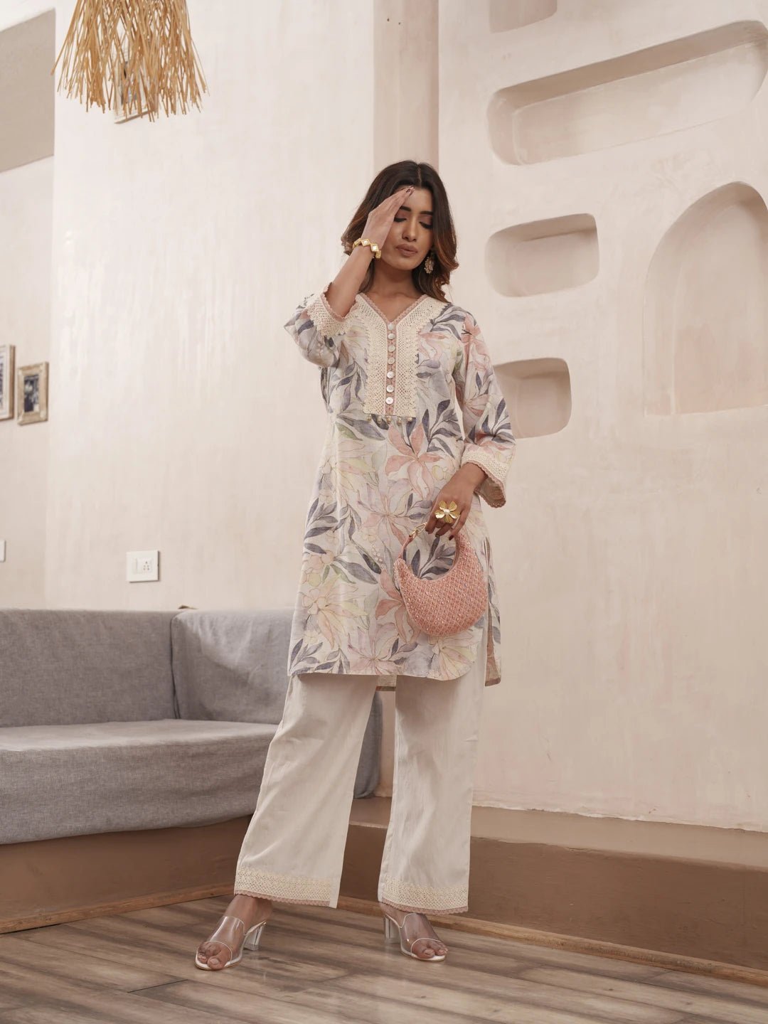 Off-White Pure Cotton Floral Printed Co-Ord Set For Women