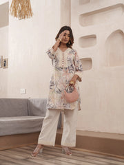 Off-White Pure Cotton Floral Printed Co-Ord Set For Women-MLWSHCO4318CRM