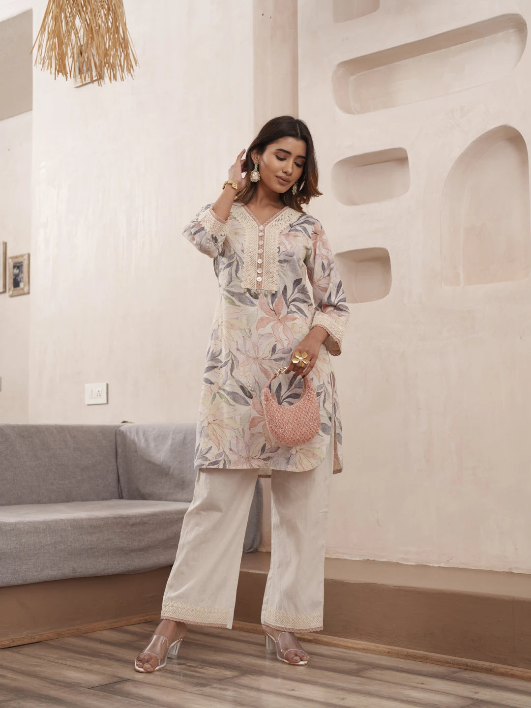 Off-White Pure Cotton Floral Printed Co-Ord Set For Women