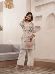 Off-White Pure Cotton Floral Printed Co-Ord Set For Women-MLWSHCO4318CRM