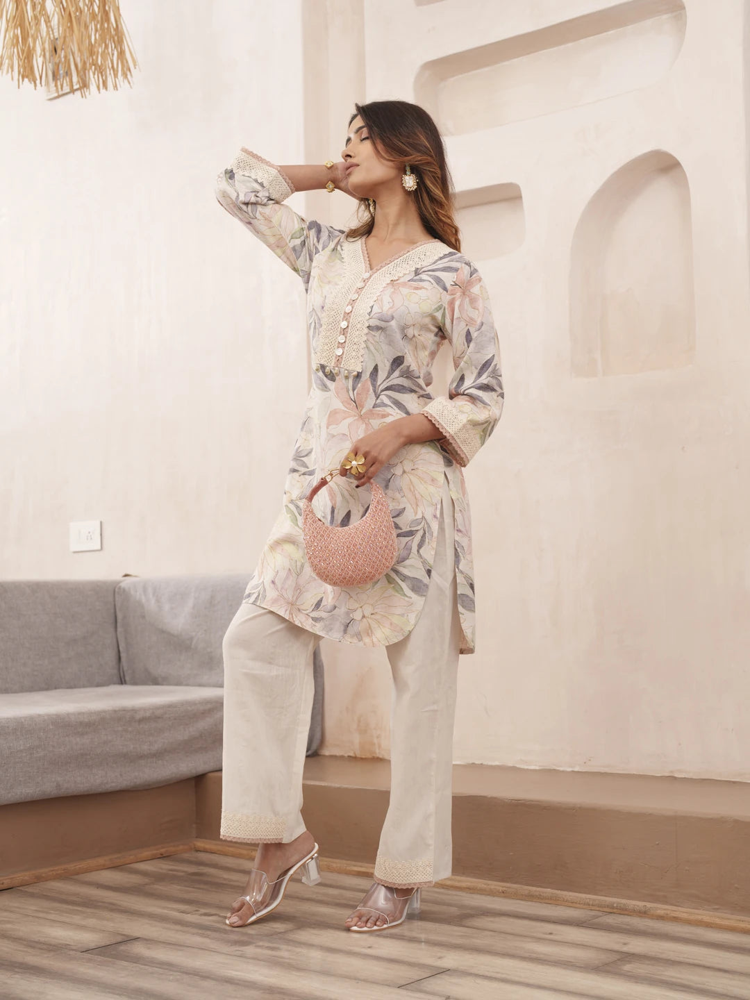 Off-White Pure Cotton Floral Printed Co-Ord Set For Women