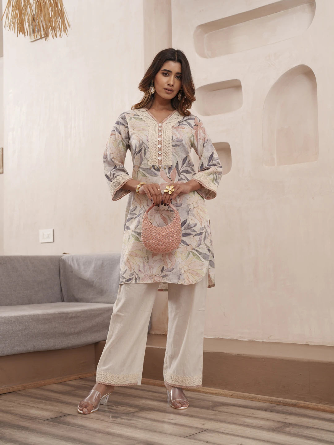 Off-White Pure Cotton Floral Printed Co-Ord Set For Women