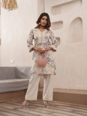 Off-White Pure Cotton Floral Printed Co-Ord Set For Women-MLWSHCO4318CRM