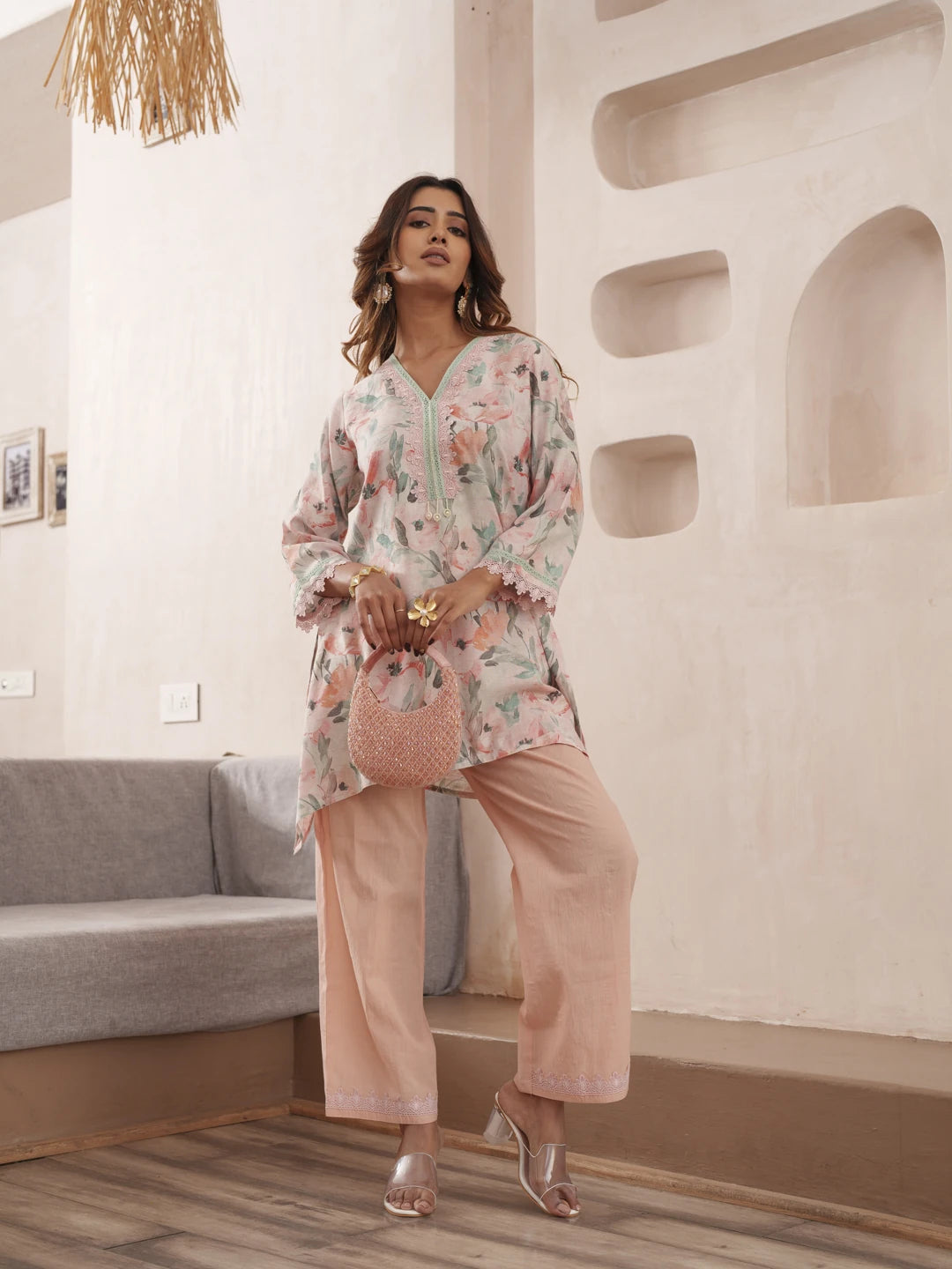 Peach Pure Cotton Floral Printed Co-Ord Set For Women-MLWSHCO4319PCH