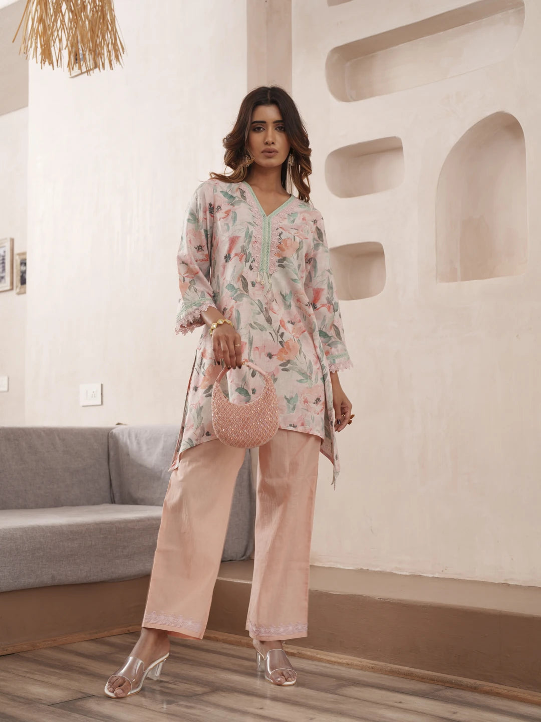 Peach Pure Cotton Floral Printed Co-Ord Set For Women