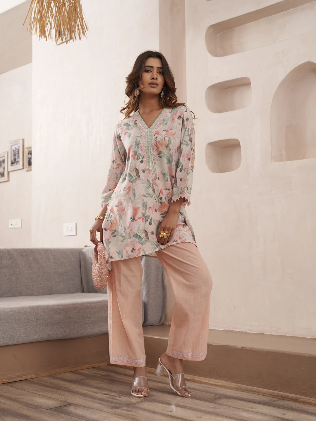 Peach Pure Cotton Floral Printed Co-Ord Set For Women