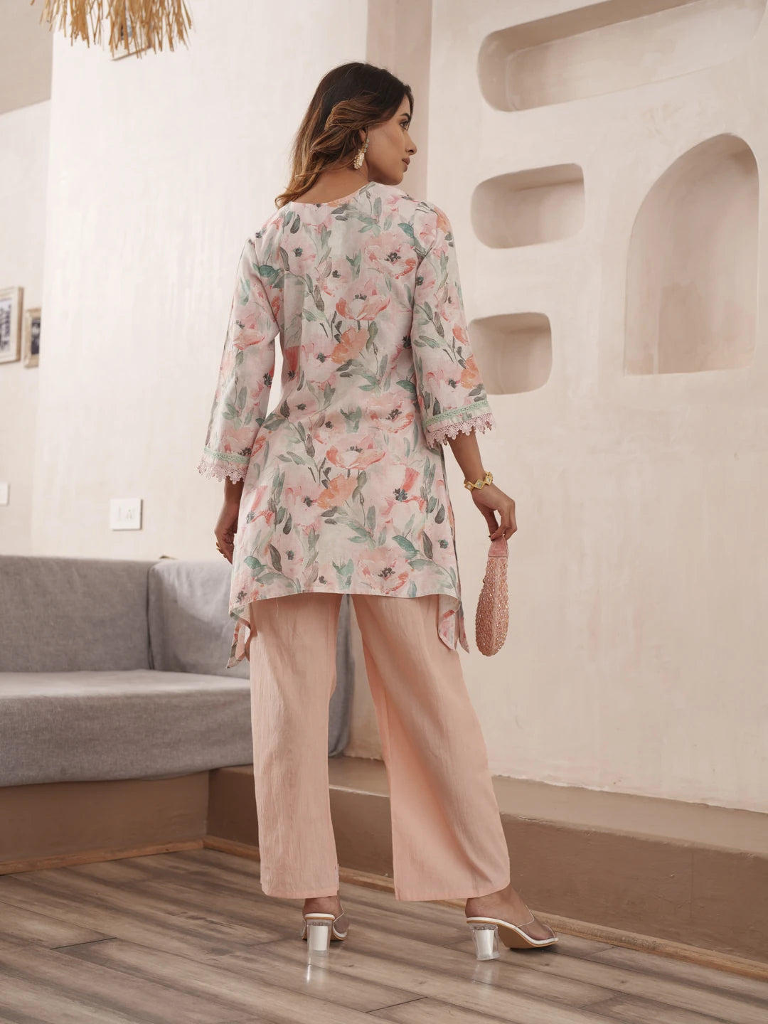 Peach Pure Cotton Floral Printed Co-Ord Set For Women