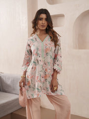 Peach Pure Cotton Floral Printed Co-Ord Set For Women-MLWSHCO4319PCH