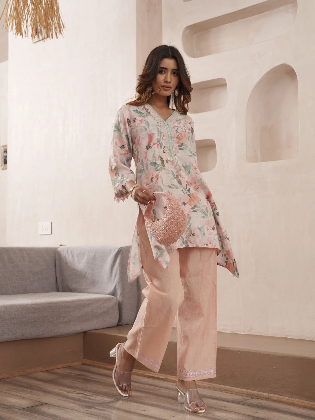 Peach Pure Cotton Floral Printed Co-Ord Set For Women