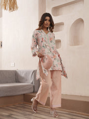 Peach Pure Cotton Floral Printed Co-Ord Set For Women-MLWSHCO4319PCH