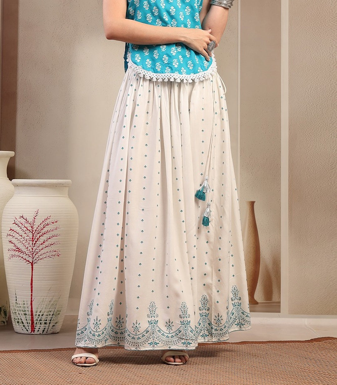 Women's White Ethnic Printed Rayon Skirt (SKWHITERUBAL) | DesiQlo