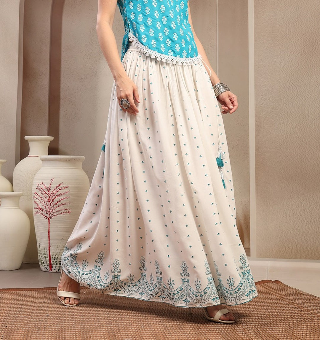 Women's White Ethnic Printed Rayon Skirt (SKWHITERUBAL) | DesiQlo