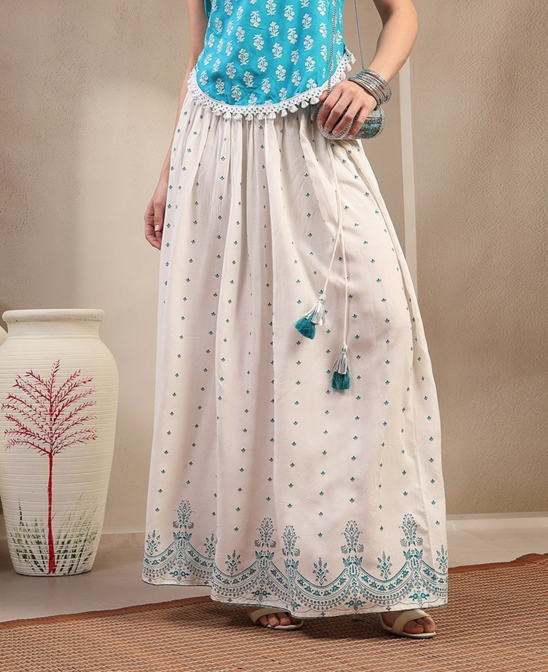Women's White Ethnic Printed Rayon Skirt (SKWHITERUBAL) | DesiQlo
