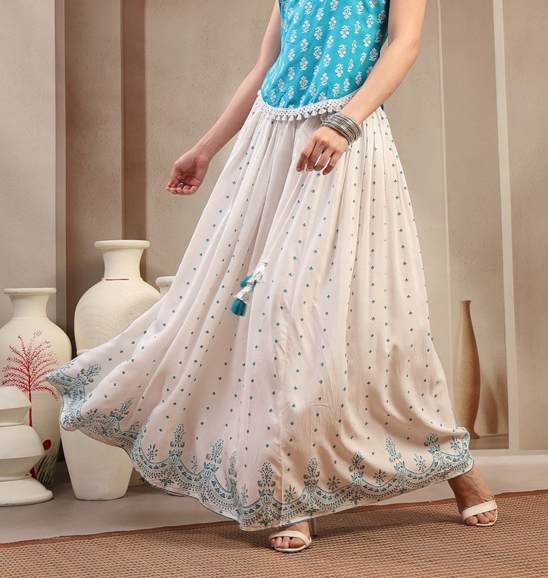 Women's White Ethnic Printed Rayon Skirt (SKWHITERUBAL) | DesiQlo
