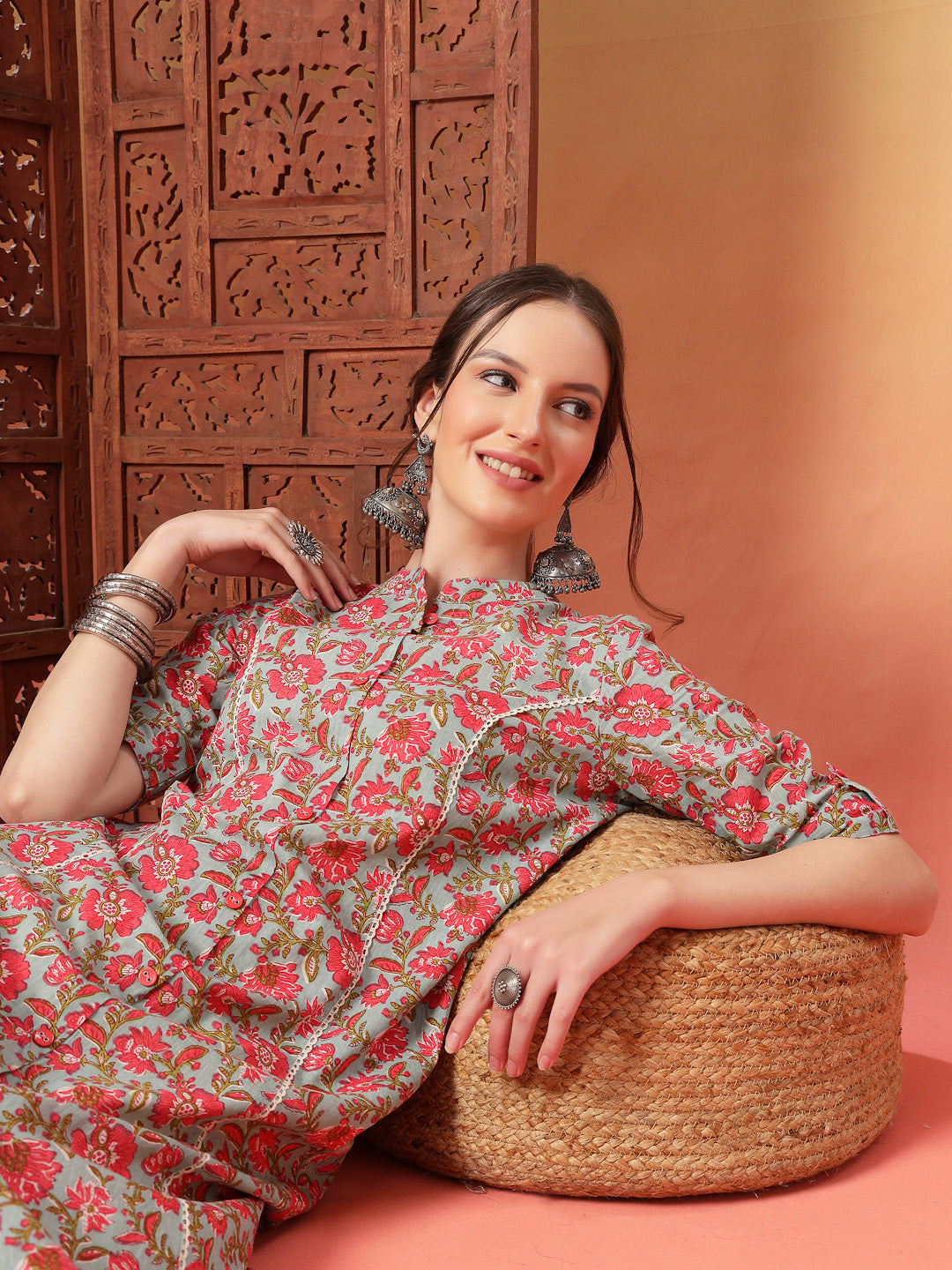 Women's Sky Blue Floral Printed Cotton A-Line Kurta (SKYBELLA) | DesiQ