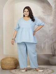 Stylum Plus Size Women Self Woven Kantha Cotton Co-Ord Set (SKYKATHACORDPLUS)