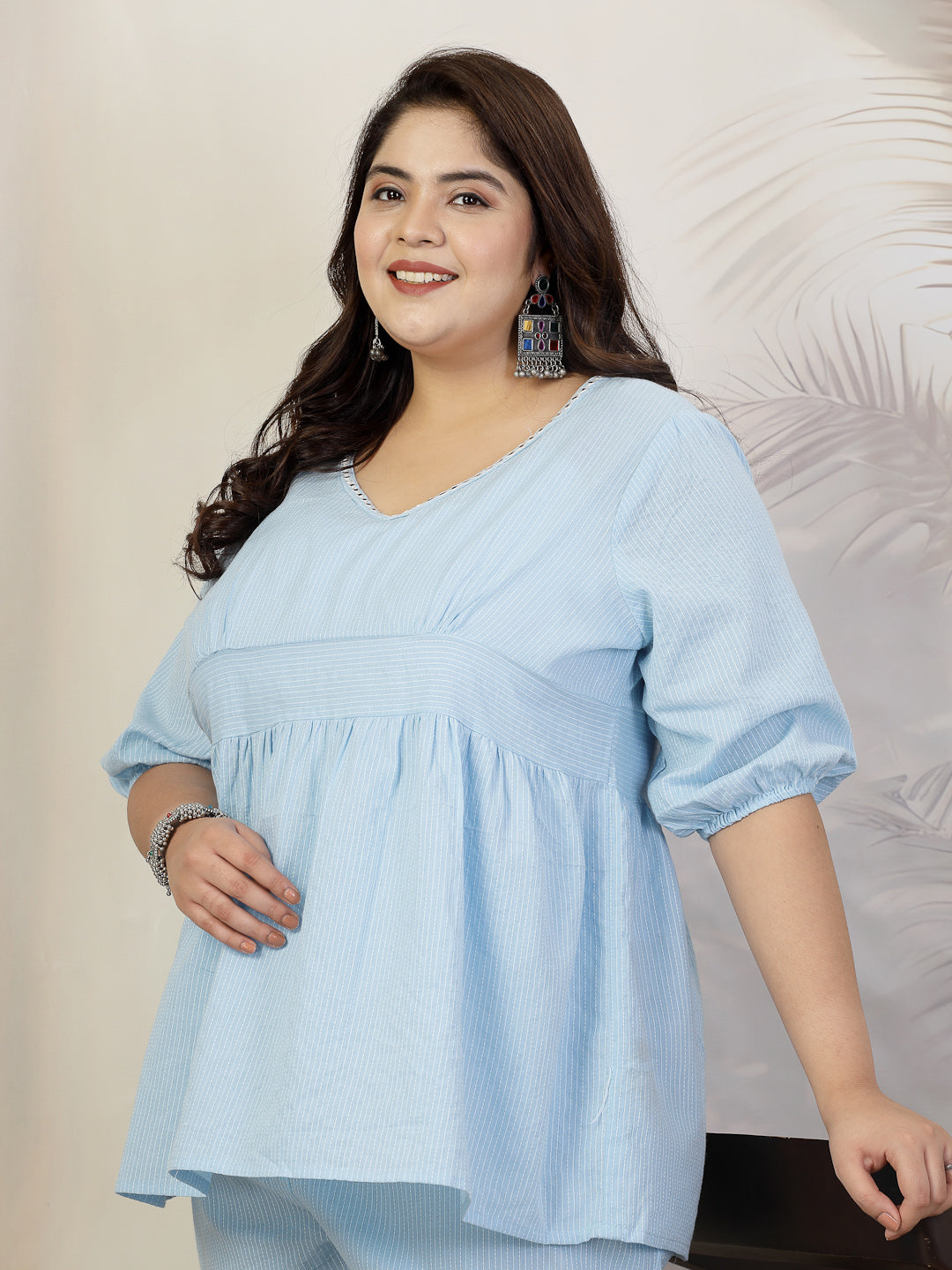 Plus Size Women Self Woven Kantha Cotton Co-Ord Set (SKYKATHACORDPLUS)