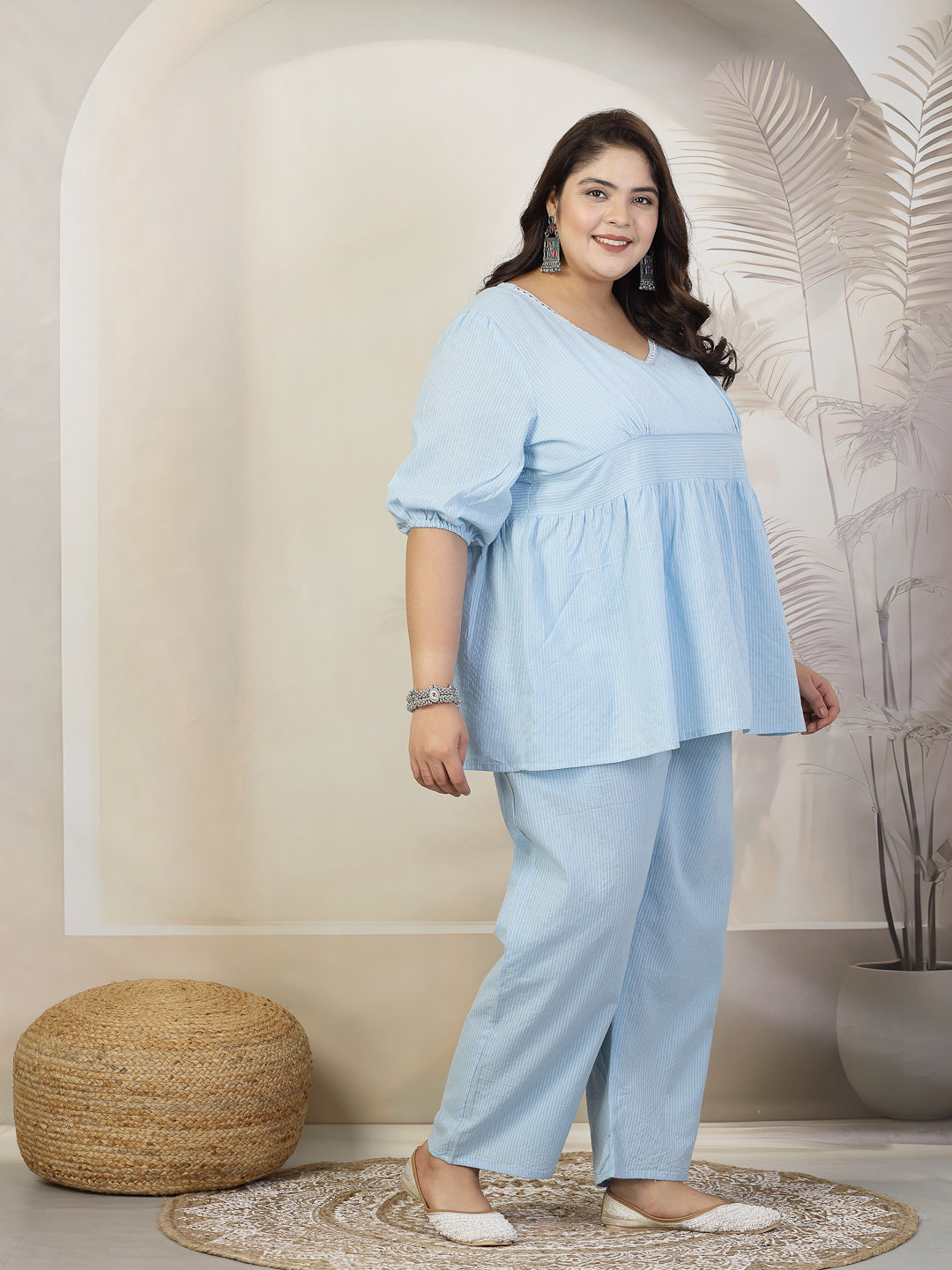 Plus Size Women Self Woven Kantha Cotton Co-Ord Set (SKYKATHACORDPLUS)