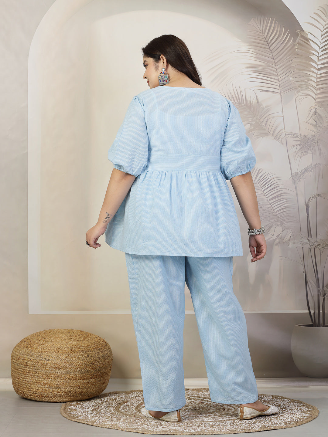 Plus Size Women Self Woven Kantha Cotton Co-Ord Set (SKYKATHACORDPLUS)