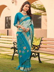 Women's Blend Turquoise Blue Woven Design Designer Saree With Blouse Piece-SNGRIA4006