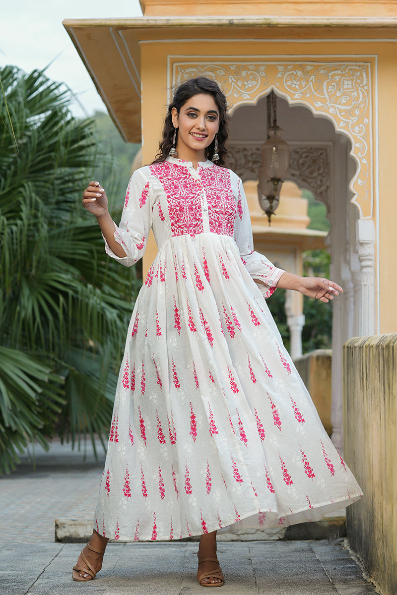 Off White Cotton Anarkali Kurti VCK1535 | DesiQlo