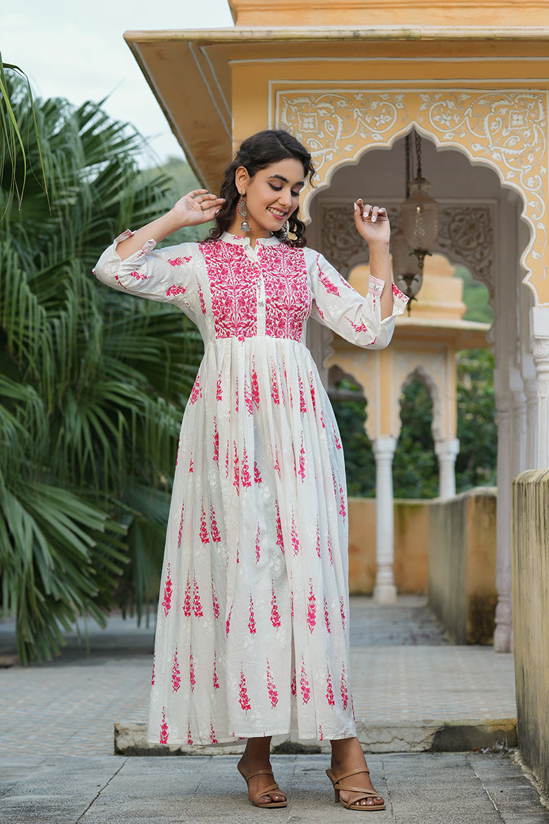 Off White Cotton Anarkali Kurti VCK1535 | DesiQlo