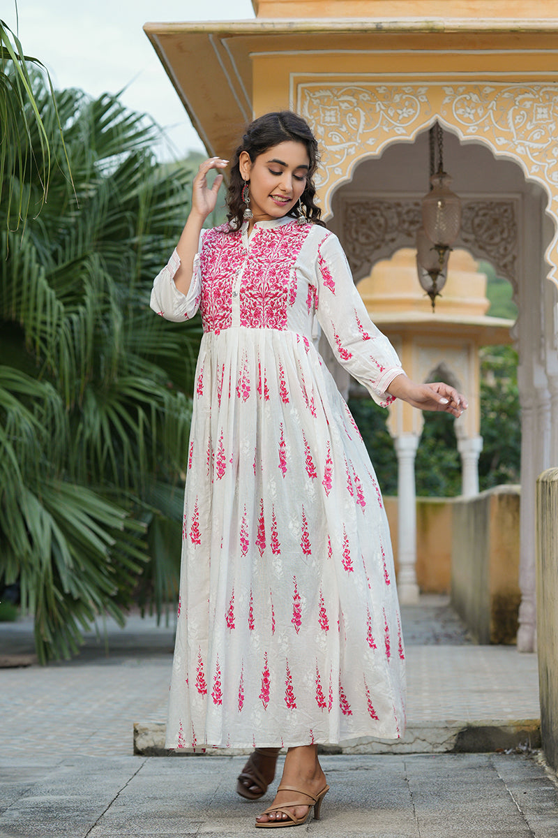 Off White Cotton Anarkali Kurti VCK1535 | DesiQlo