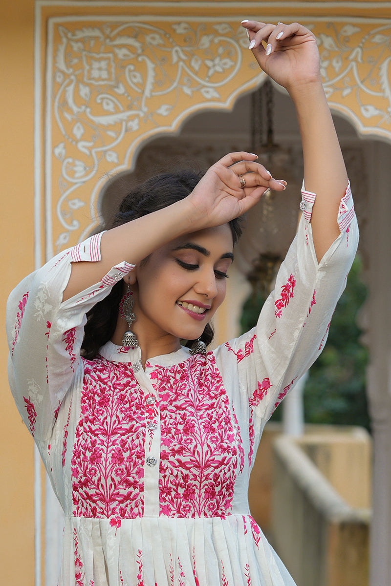 Off White Cotton Anarkali Kurti VCK1535 | DesiQlo