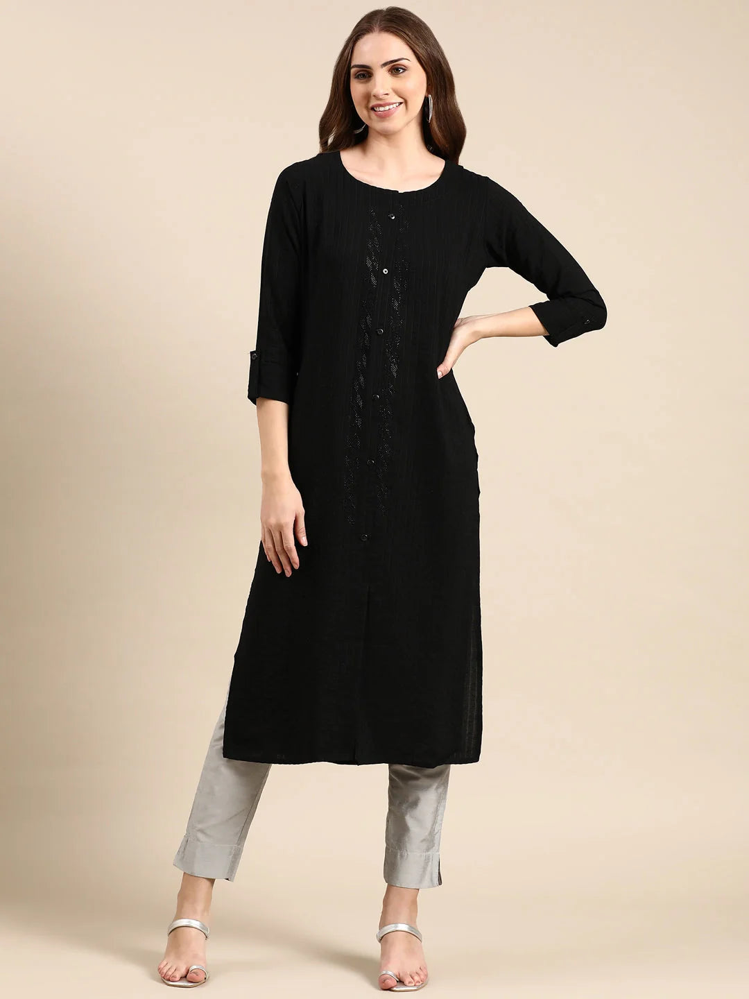 Women Scoop Neck Solid Black Straight Kurta-SNG-4043-Black