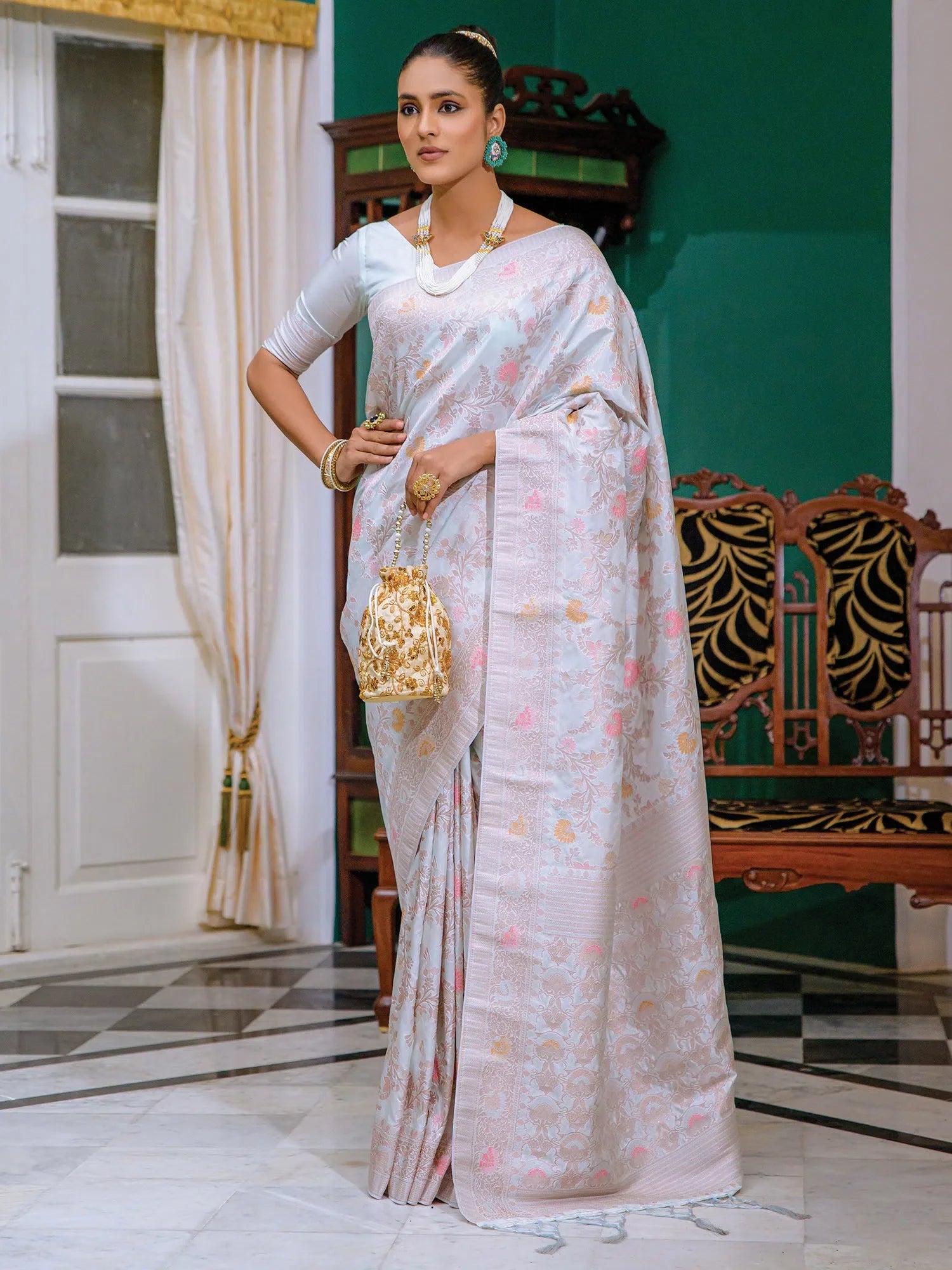 Grey Woven Design Polyester Saree | Indian Sari Collection