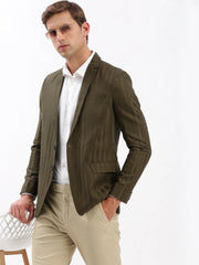 Men Notched Lapel Self Design Olive Blazer-SOBLZ-004-Olive