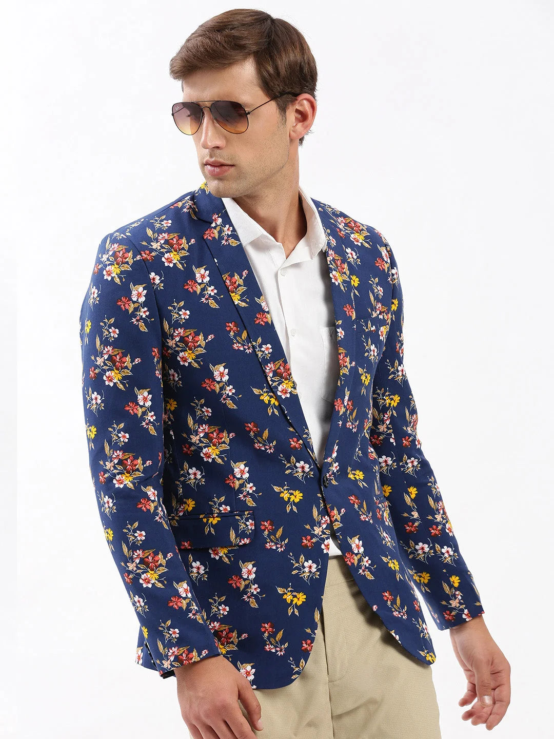 Men Notched Lapel Printed Navy Blue Blazer-SOBLZ-005-Navyblue