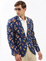Men Notched Lapel Printed Navy Blue Blazer-SOBLZ-005-Navyblue