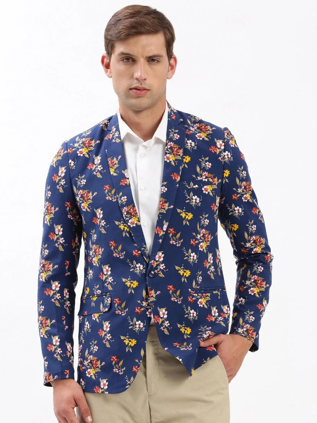 Navy Blue Printed Blazer: Modern Nehru Jacket Style for Men