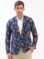 Men Notched Lapel Printed Navy Blue Blazer-SOBLZ-005-Navyblue