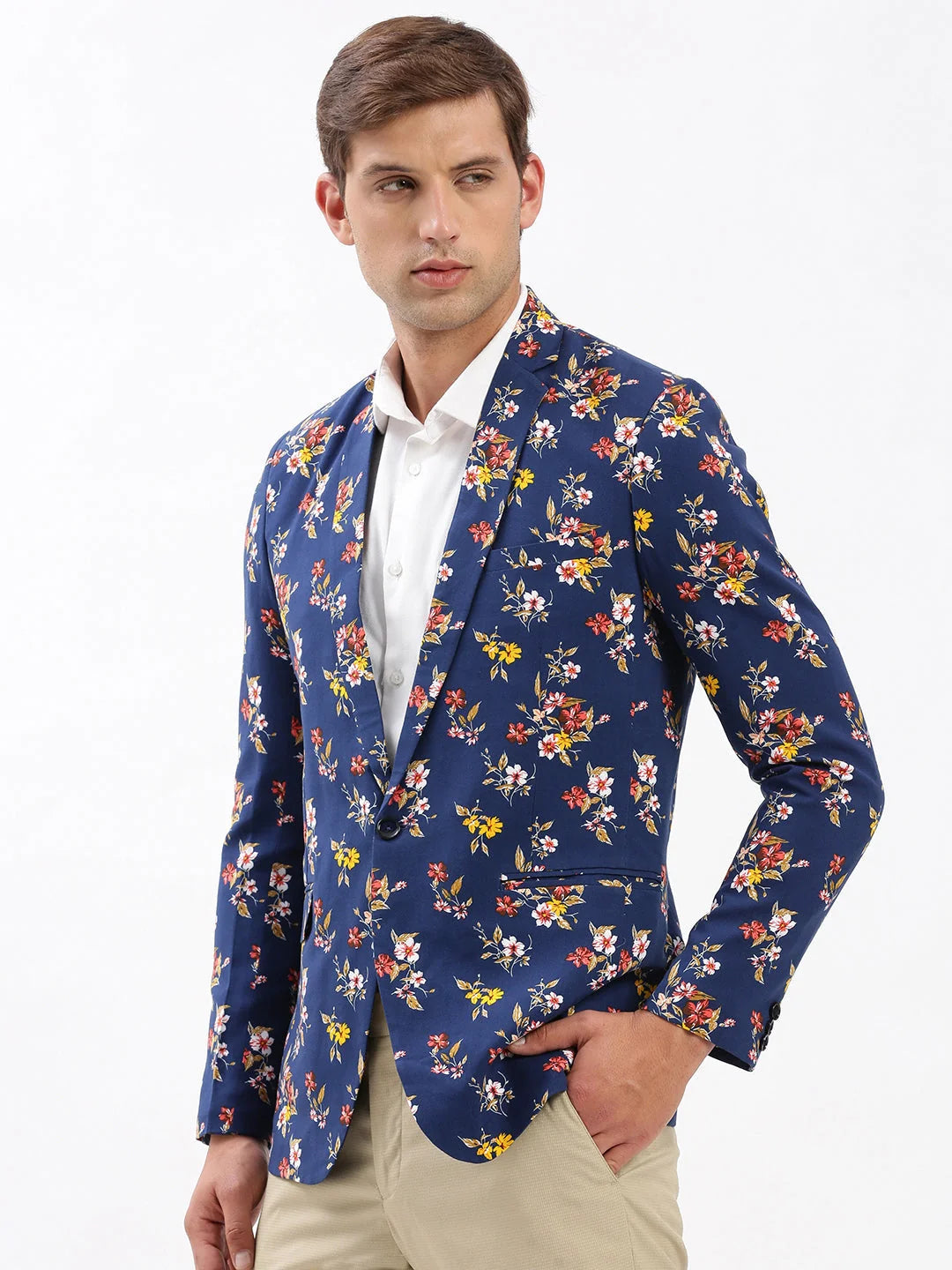 Navy Blue Printed Blazer: Modern Nehru Jacket Style for Men