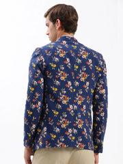 Men Notched Lapel Printed Navy Blue Blazer-SOBLZ-005-Navyblue