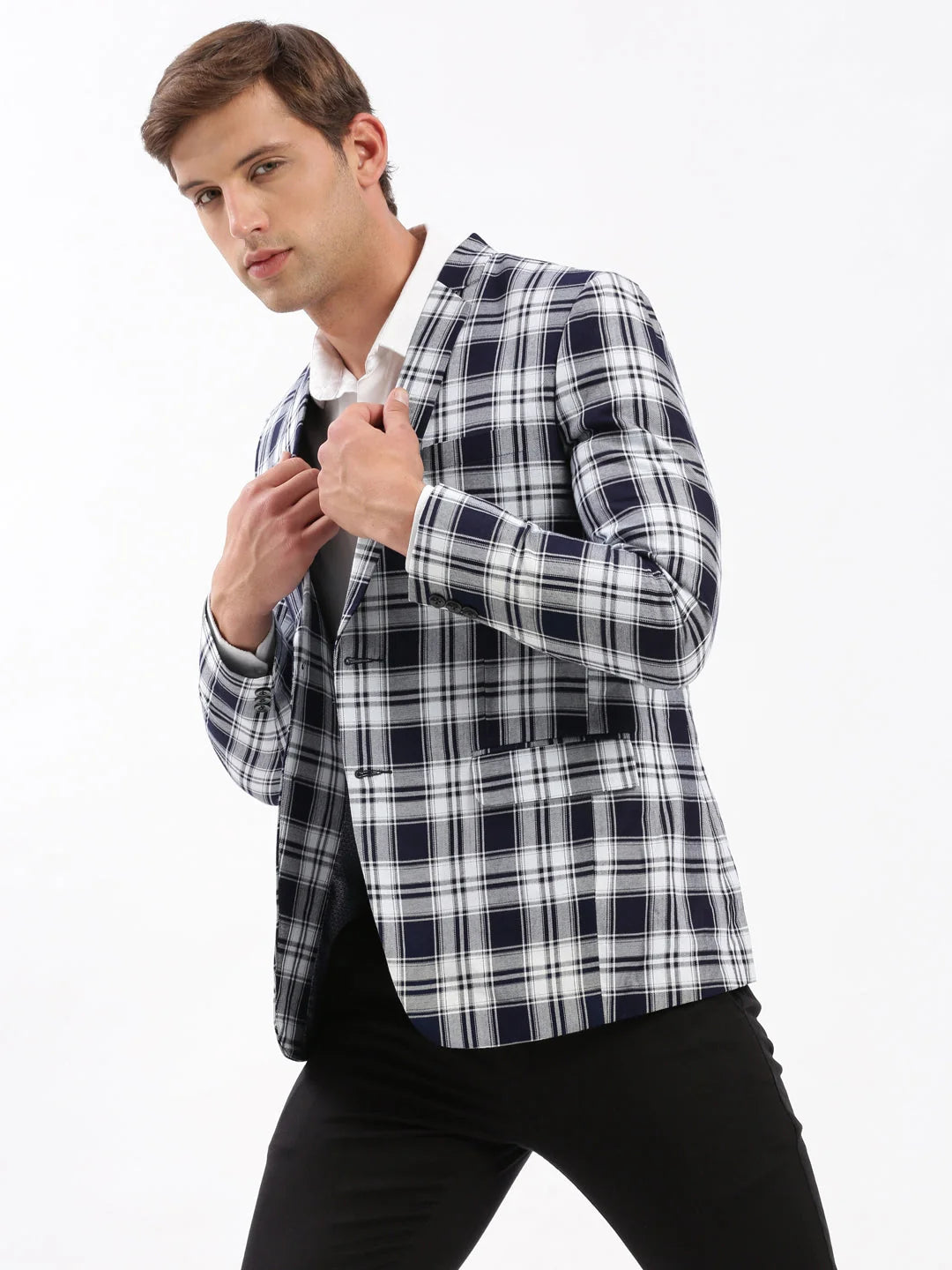 Navy Blue Checkered Blazer - Men's Ethnic Wear by DesiQlo