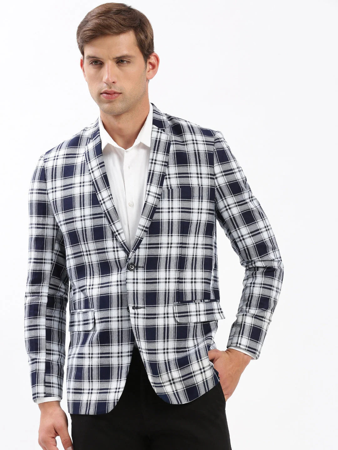 Navy Blue Checkered Blazer - Men's Ethnic Wear by DesiQlo