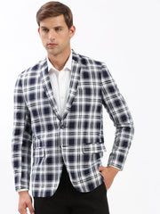 Men Notched Lapel Checked Navy Blue Blazer-SOBLZ-006-Navyblue