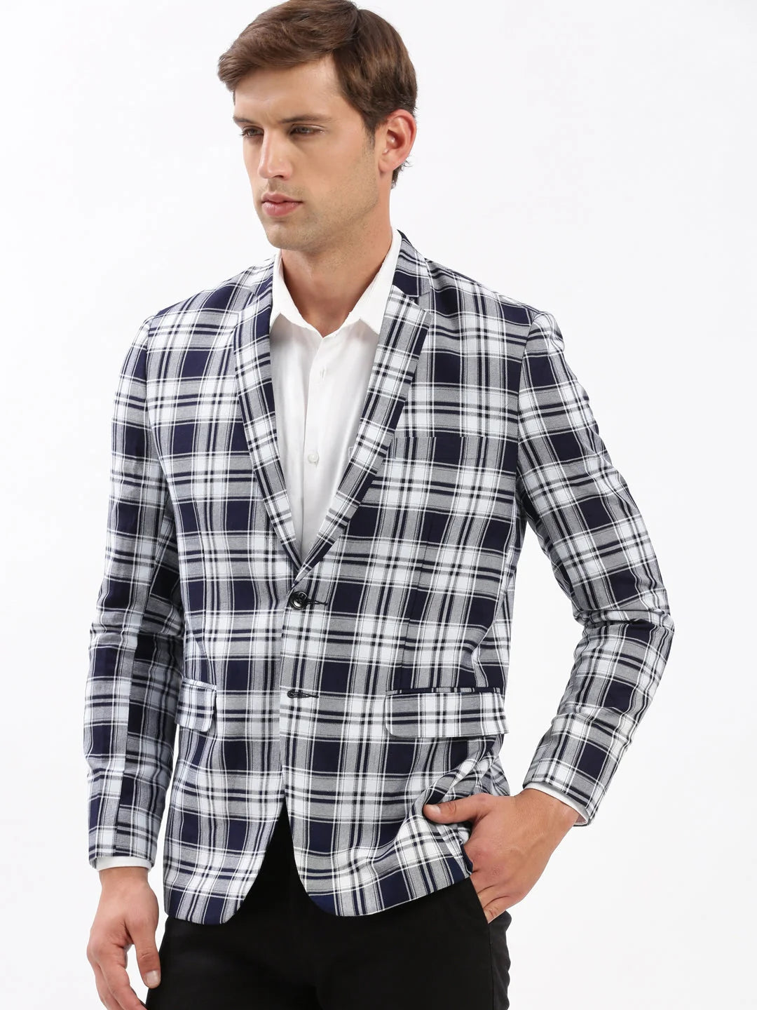 Navy Blue Checkered Blazer - Men's Ethnic Wear by DesiQlo