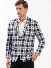 Men Notched Lapel Checked Navy Blue Blazer-SOBLZ-006-Navyblue