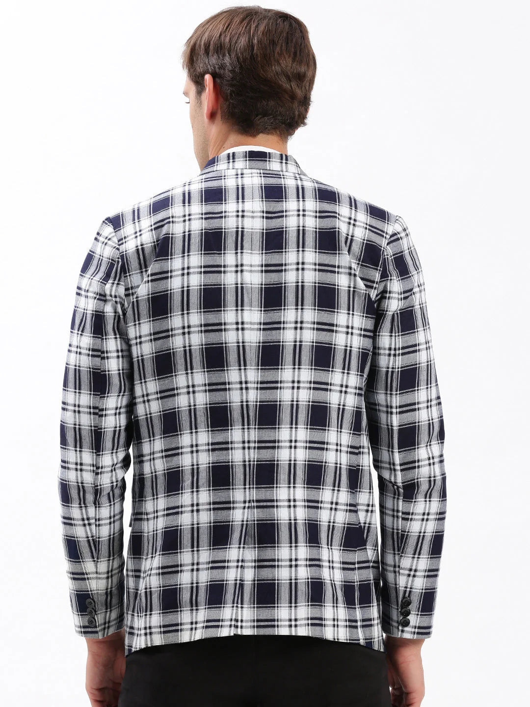 Navy Blue Checkered Blazer - Men's Ethnic Wear by DesiQlo
