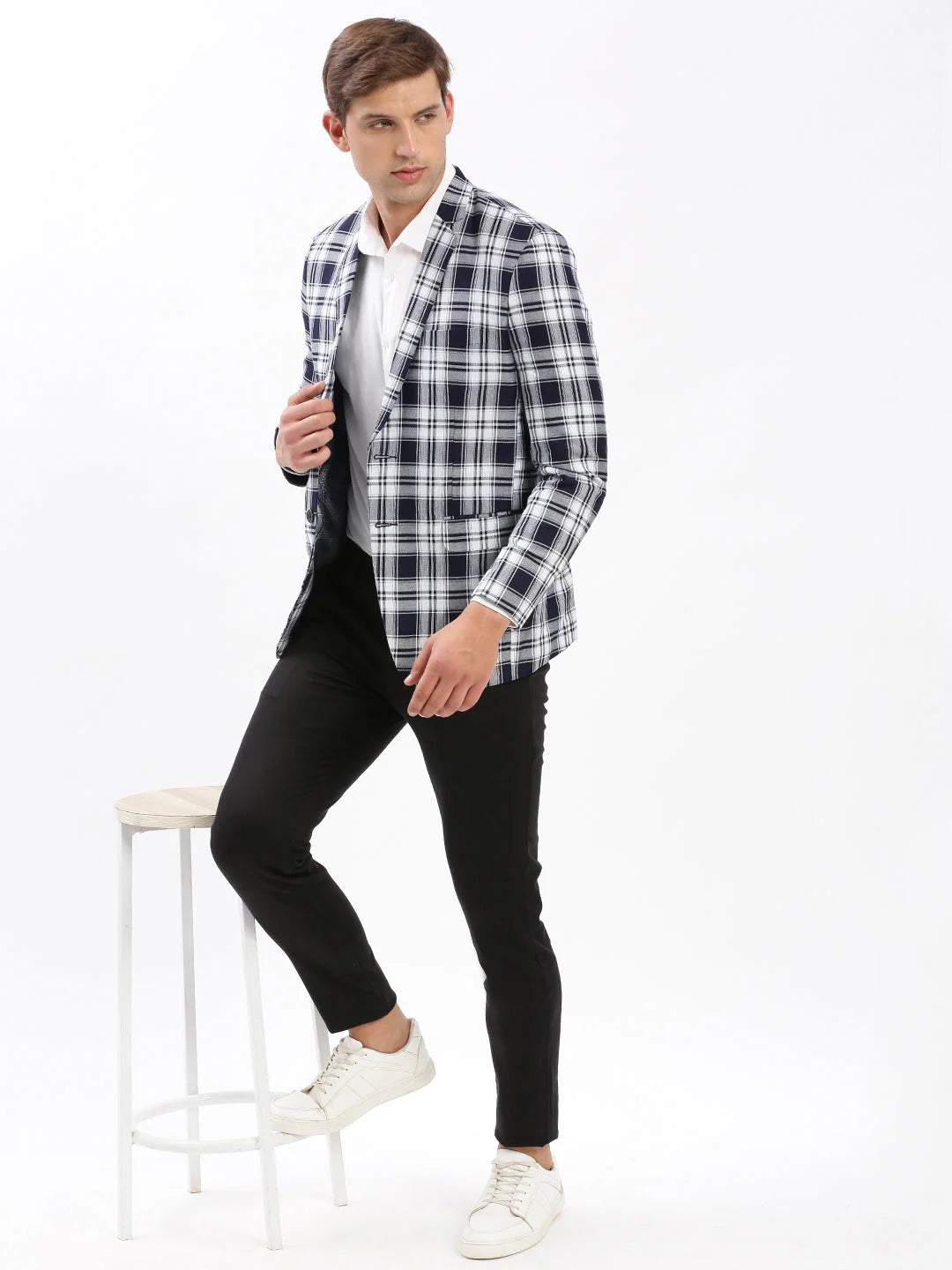 Navy Blue Checkered Blazer - Men's Ethnic Wear by DesiQlo