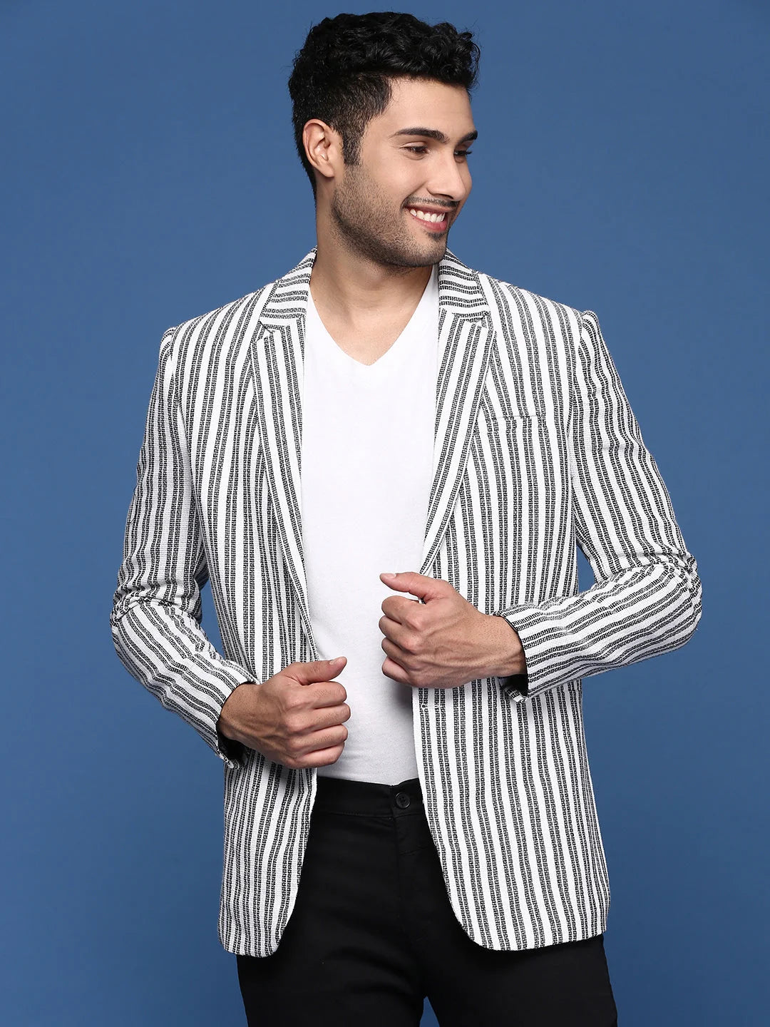 White Striped Nehru Jacket: Slim Fit Modi Jacket for Weddings