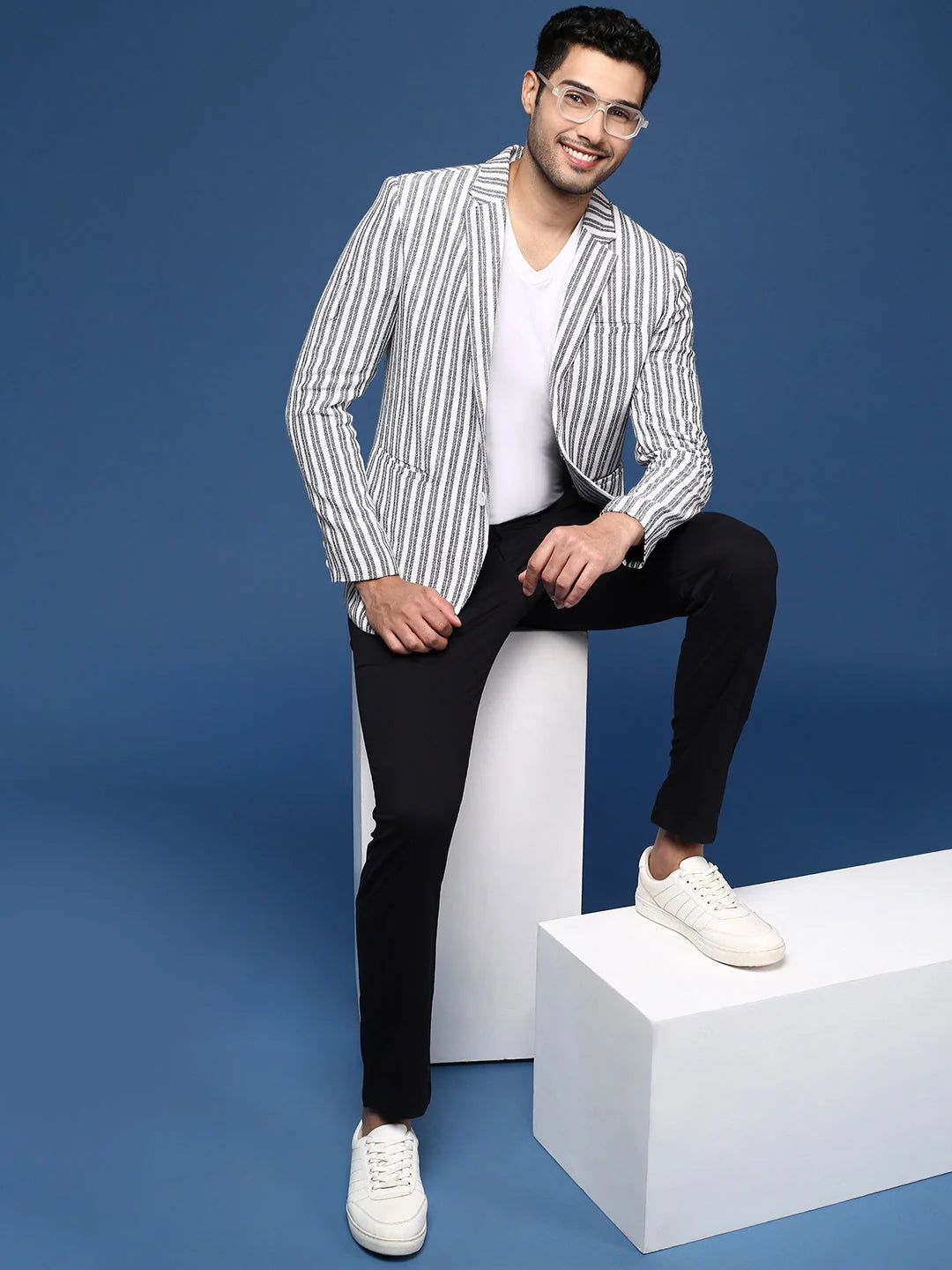 White Striped Nehru Jacket: Slim Fit Modi Jacket for Weddings