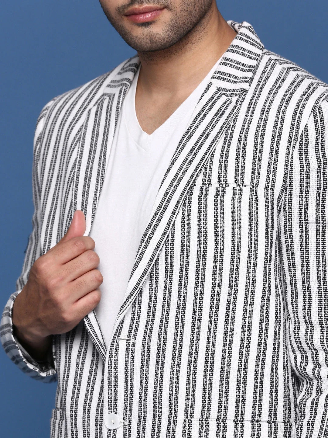White Striped Nehru Jacket: Slim Fit Modi Jacket for Weddings