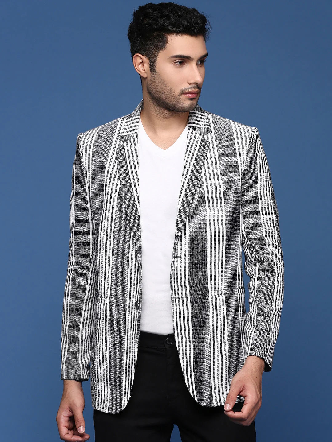 Grey Striped Cotton Nehru Jacket | Men's Ethnic Wear