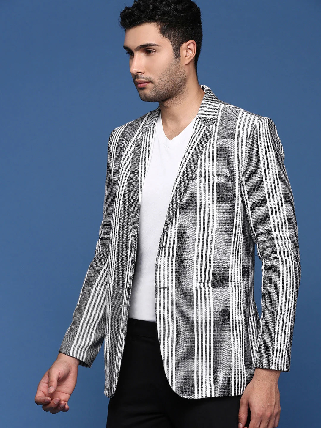 Grey Striped Cotton Nehru Jacket | Men's Ethnic Wear